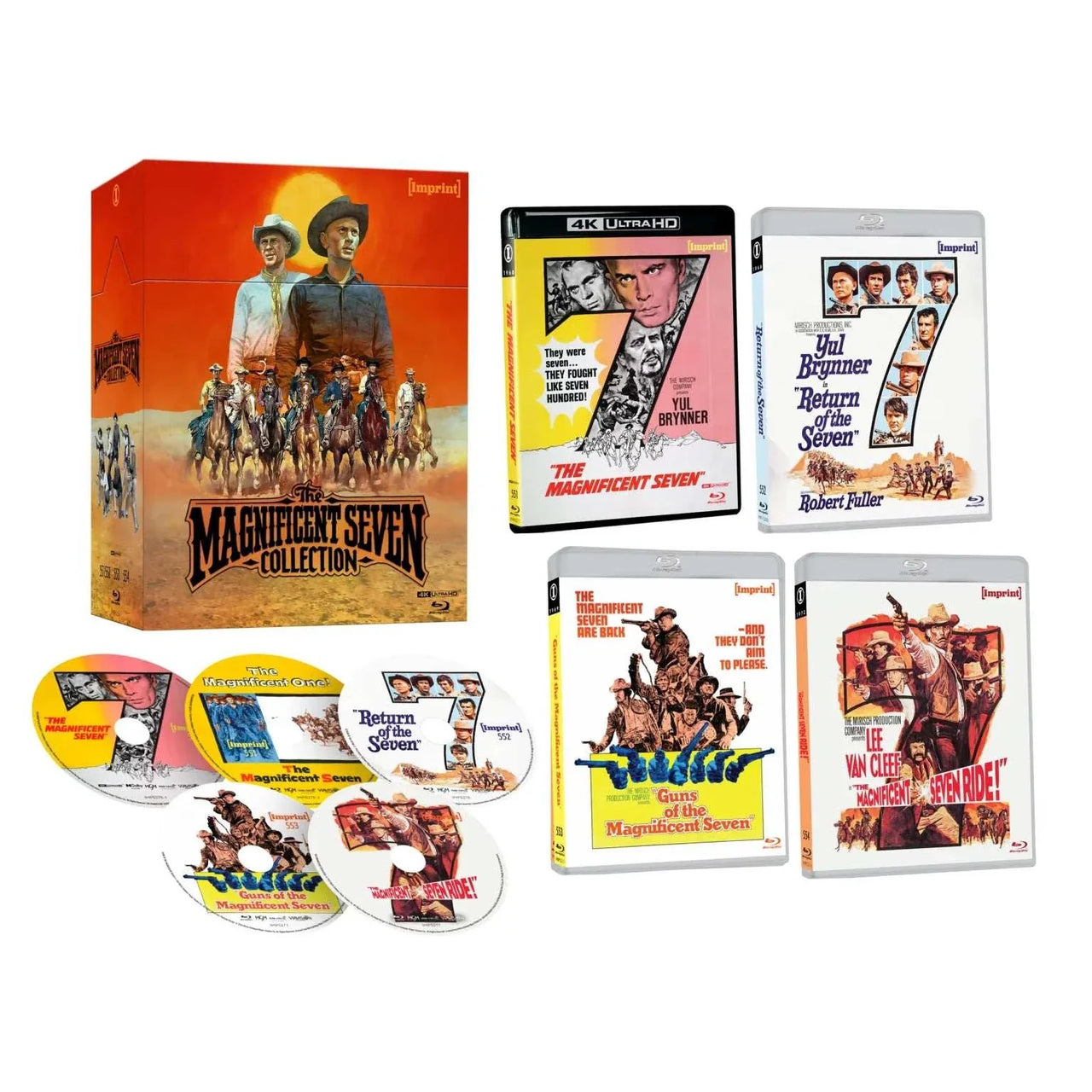 The Magnificent Seven Collection 5-disc Blu-ray and 4K UHD set with western movie covers and hardbox packaging