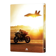 Top Gun: Maverick 4K UHD and Blu-Ray steelbook with motorcycle and fighter jet cover art at sunset