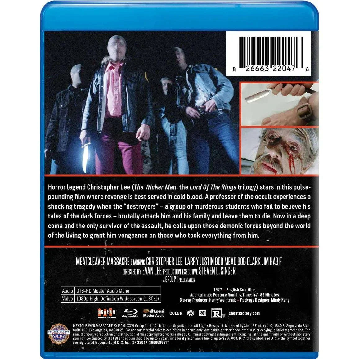 Meatcleaver Massacre Blu-Ray pre-order cover featuring horror legend Christopher Lee, releasing 06/09/26