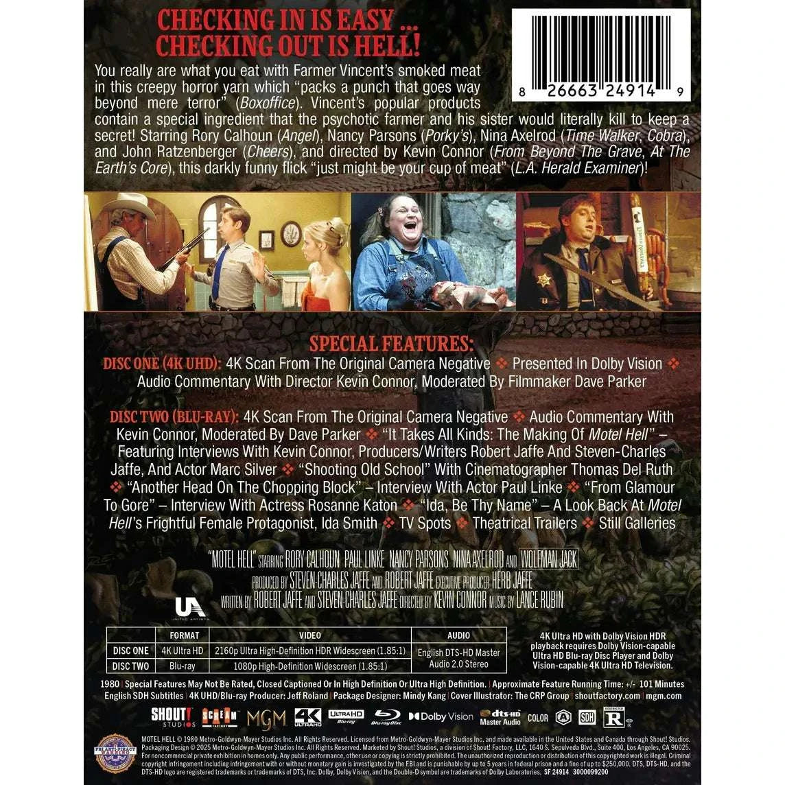 Motel Hell 4K UHD Limited Edition Steelbook with bonus features and audio commentaries