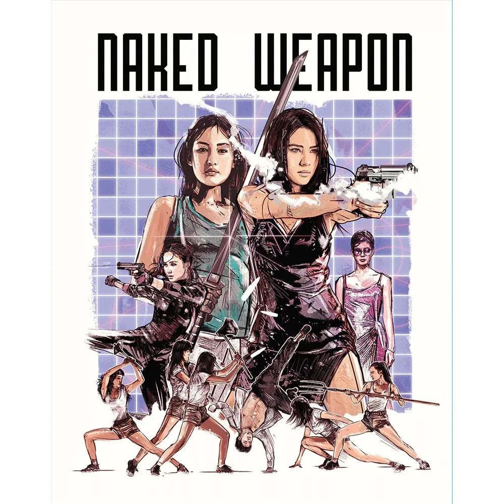 Cover art for Naked Weapon (2002) Blu-Ray featuring action scenes and female protagonists with weapons