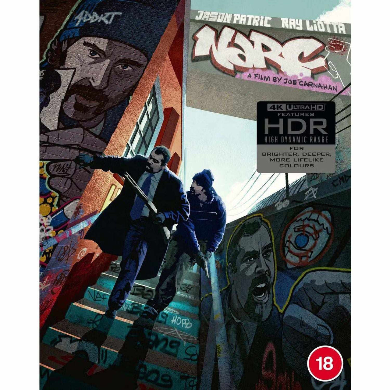Narc Limited Edition 4K Ultra HD Blu-ray cover featuring stylized graffiti art and police figures with HDR label and age restriction mark