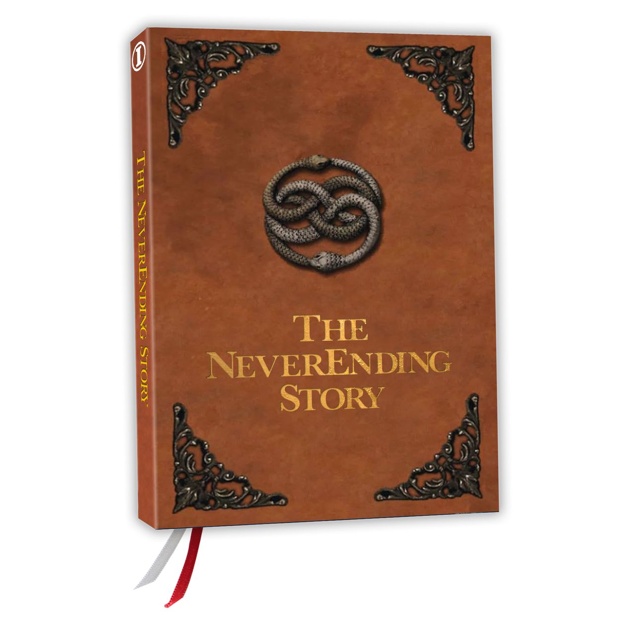 The NeverEnding Story 40th Anniversary Limited Edition 5-disc 4K UHD and Blu-ray set in replica leatherette storybook packaging with Auryn emblem and embossed details.