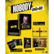 Nobody 4K UHD limited edition set with steelbook, full slip cover, booklet, and poster on yellow background