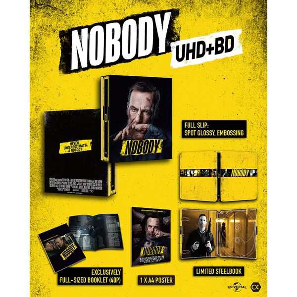 Nobody 4K UHD limited edition set with steelbook, full slip cover, booklet, and poster on yellow background