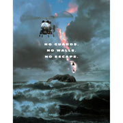No Escape movie 4K UHD and Blu-Ray with helicopter flying over stormy ocean and island background