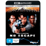 No Escape 4K UHD Blu-Ray cover featuring Ray Liotta aiming a gun with two men behind him and a crowd scene above