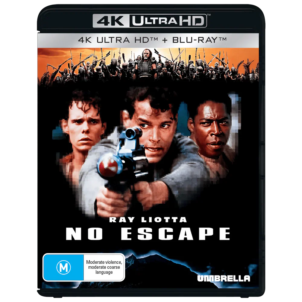 No Escape 4K UHD Blu-Ray cover featuring Ray Liotta aiming a gun with two men behind him and a crowd scene above