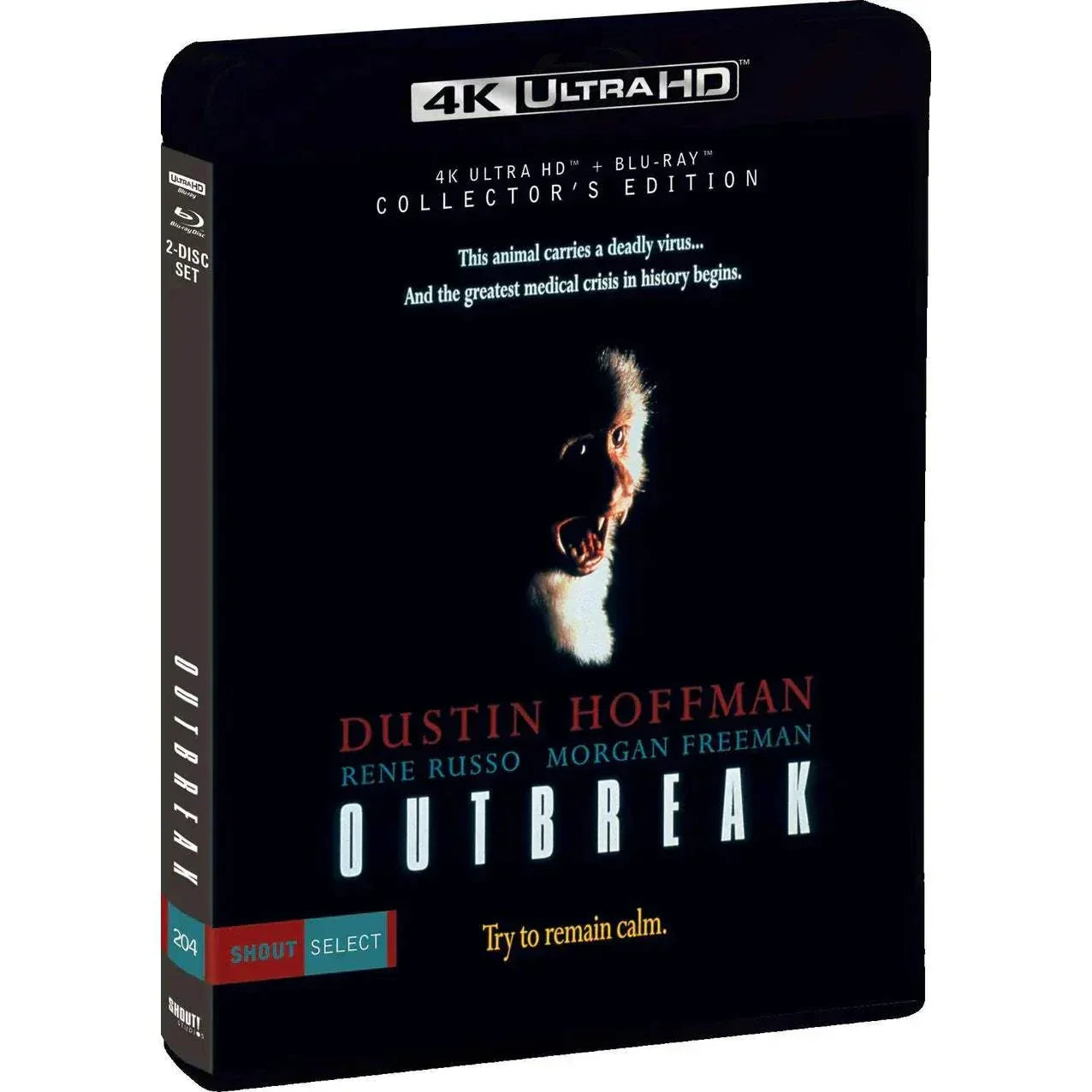 Outbreak 1995 Collector's Edition 4K UHD Blu-ray cover featuring a screaming monkey face and main cast names, dark background