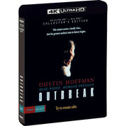 Outbreak 1995 Collector's Edition 4K UHD Blu-ray cover featuring a screaming monkey face and main cast names, dark background