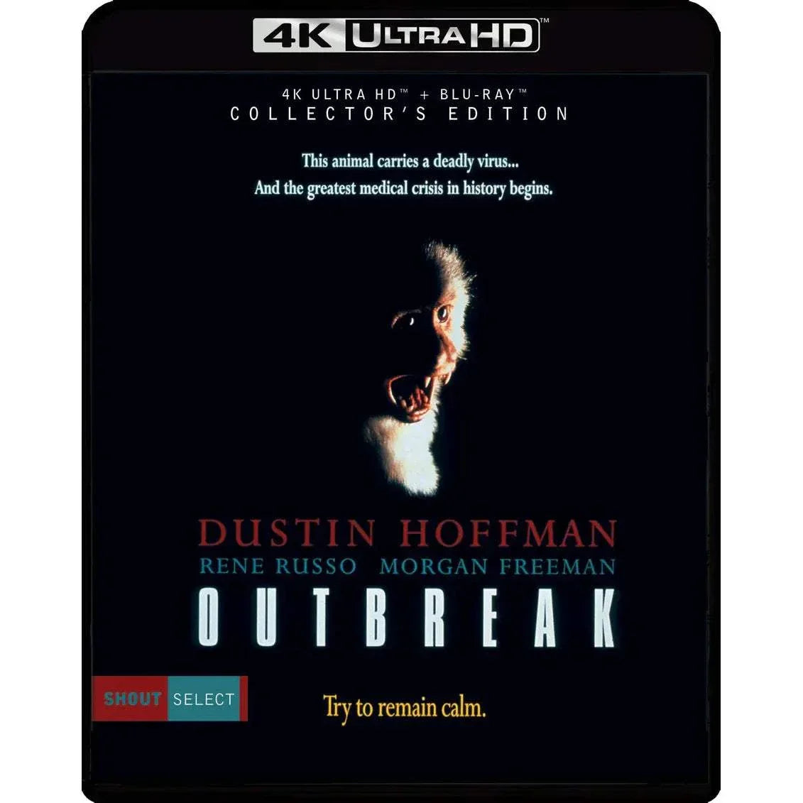 Outbreak 1995 Collector's Edition 4K UHD Blu-ray cover with screaming monkey and cast names
