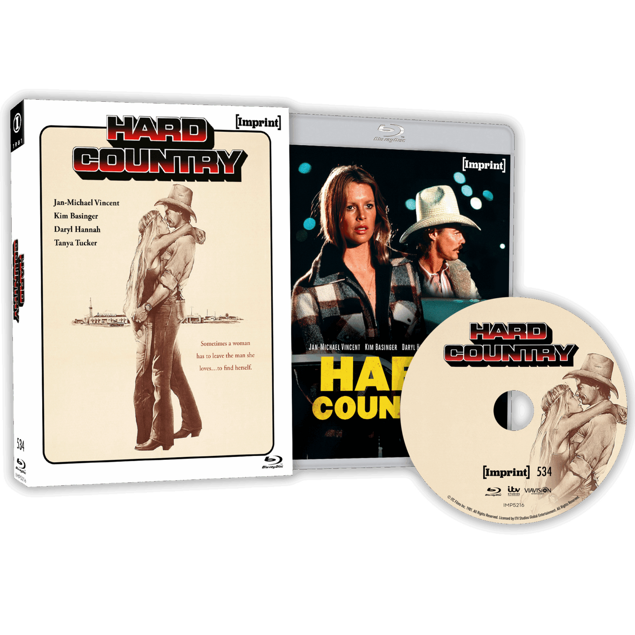 Hard Country 1981 Blu-ray with limited edition slipcover and Imprint Films branding, featuring cover art and disc design from the western drama film.
