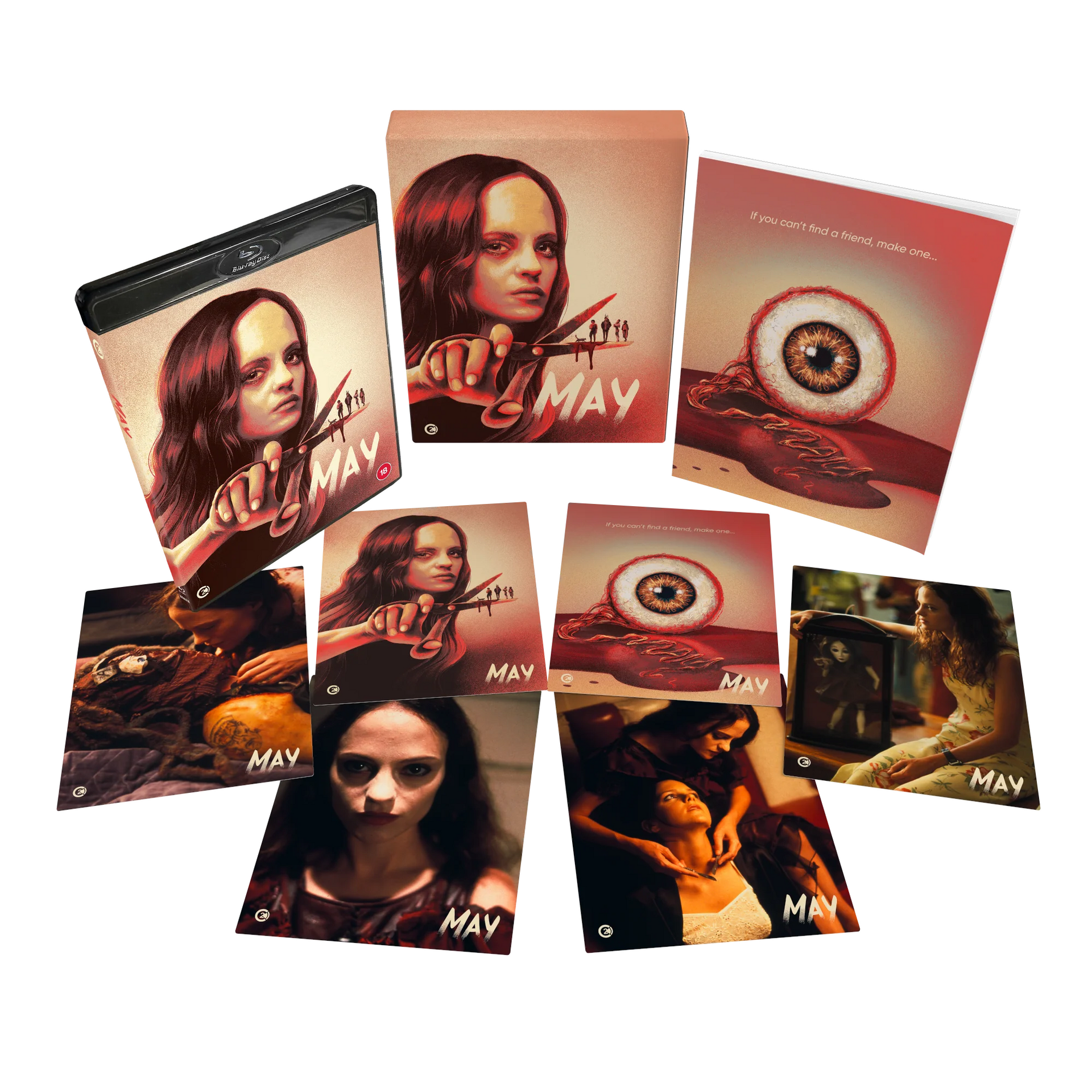 May Limited Edition Blu-Ray with rigid slipcase, booklet, and six collector's art cards featuring artwork and scenes from the film May