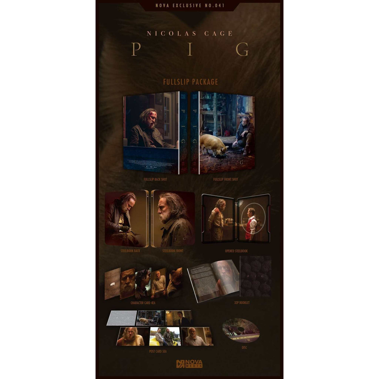 Pig Limited Edition Steelbook Blu-Ray Full Slip with Nicolas Cage, bonus booklet, character cards, and postcards