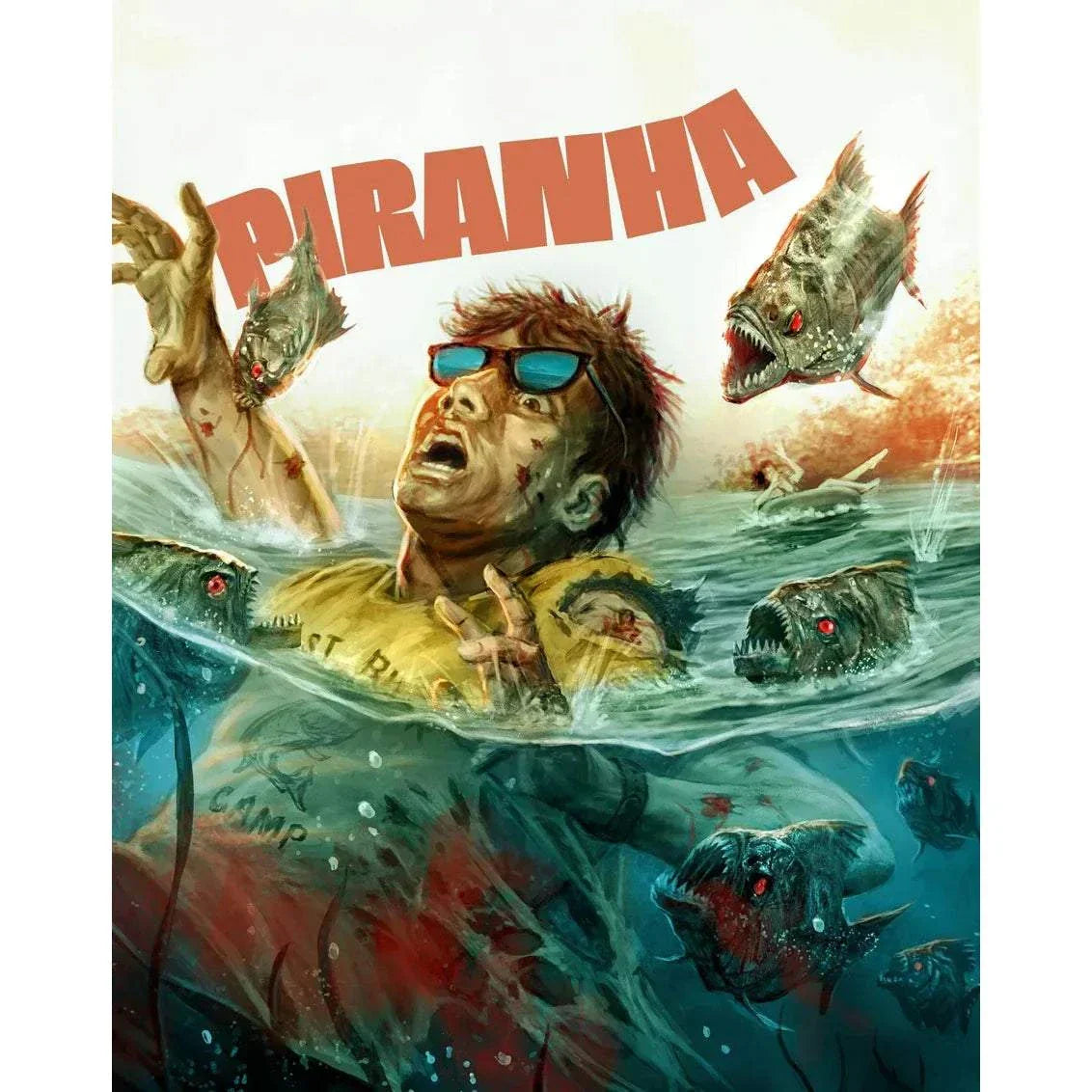 Piranha (1978) limited edition 4K UHD Blu-ray steelbook cover showing a man in water surrounded by attacking piranhas