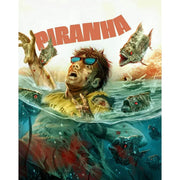 Piranha (1978) limited edition 4K UHD Blu-ray steelbook cover showing a man in water surrounded by attacking piranhas