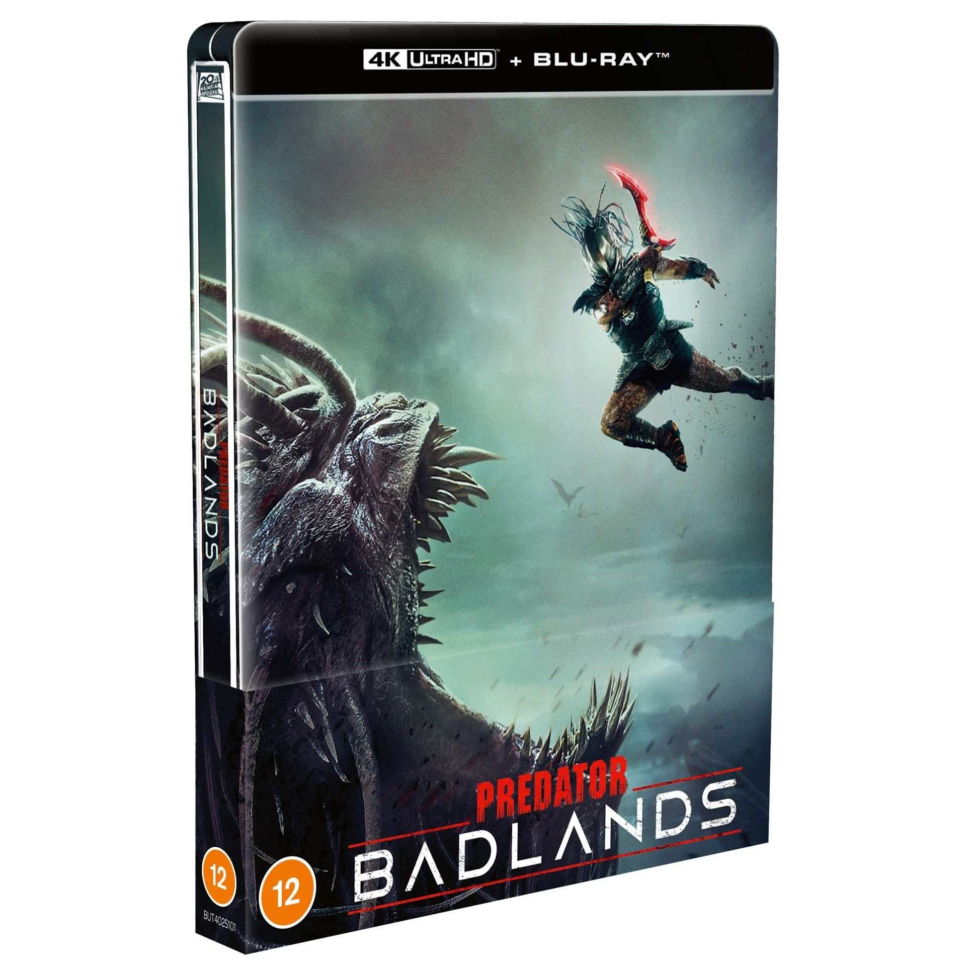 Predator: Badlands UK Steelbook 4K UHD Blu-Ray with spot gloss finish on character and monster, matte background, and bonus features