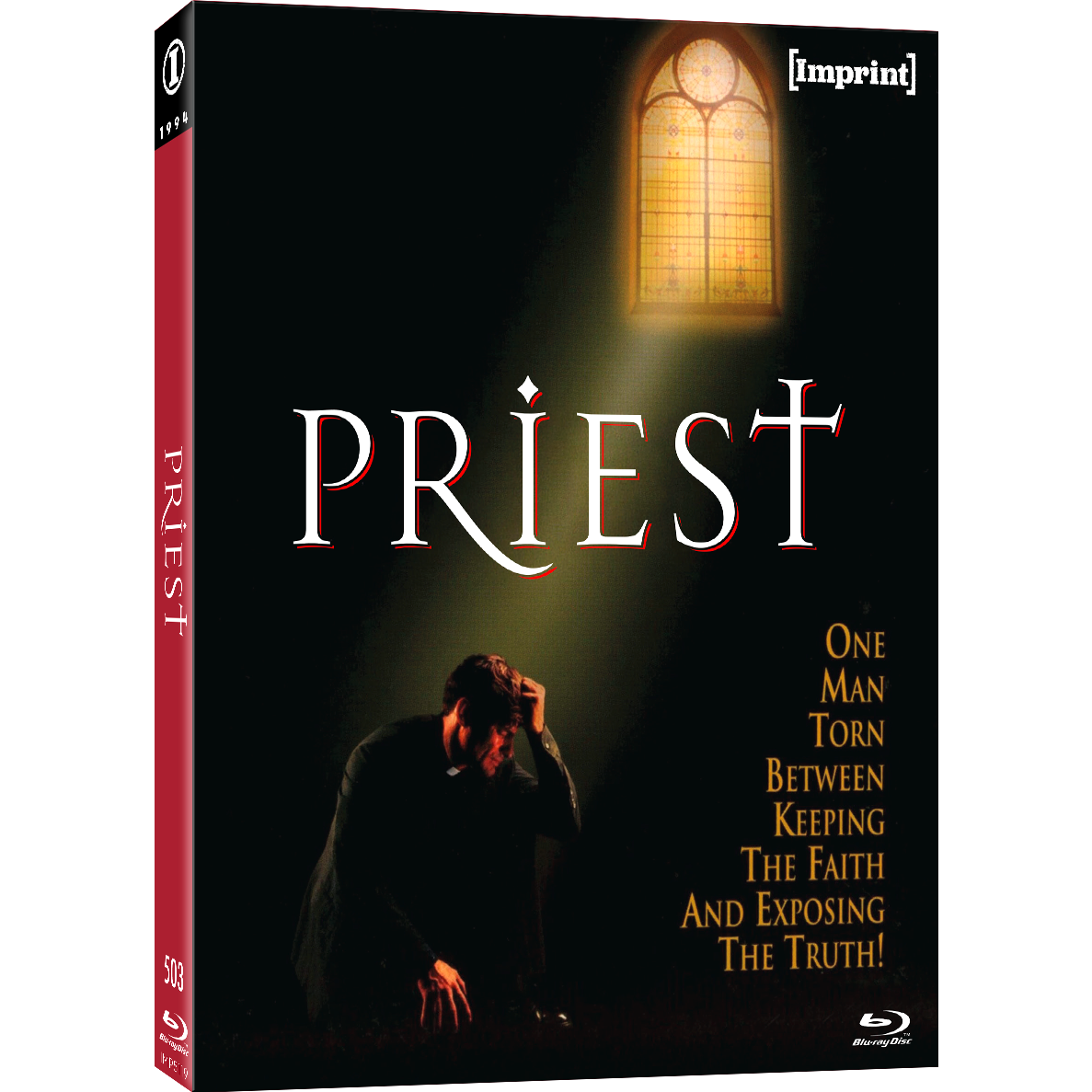 Priest 1994 Blu-ray limited edition slipcover with dark church window and man in contemplation