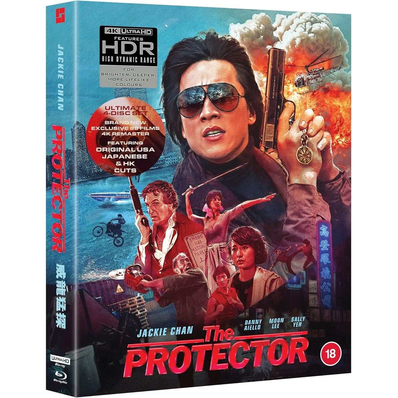 The Protector Deluxe Edition 4K Ultra HD Blu-Ray with Jackie Chan, featuring exclusive artwork, multiple film versions, and special extras.