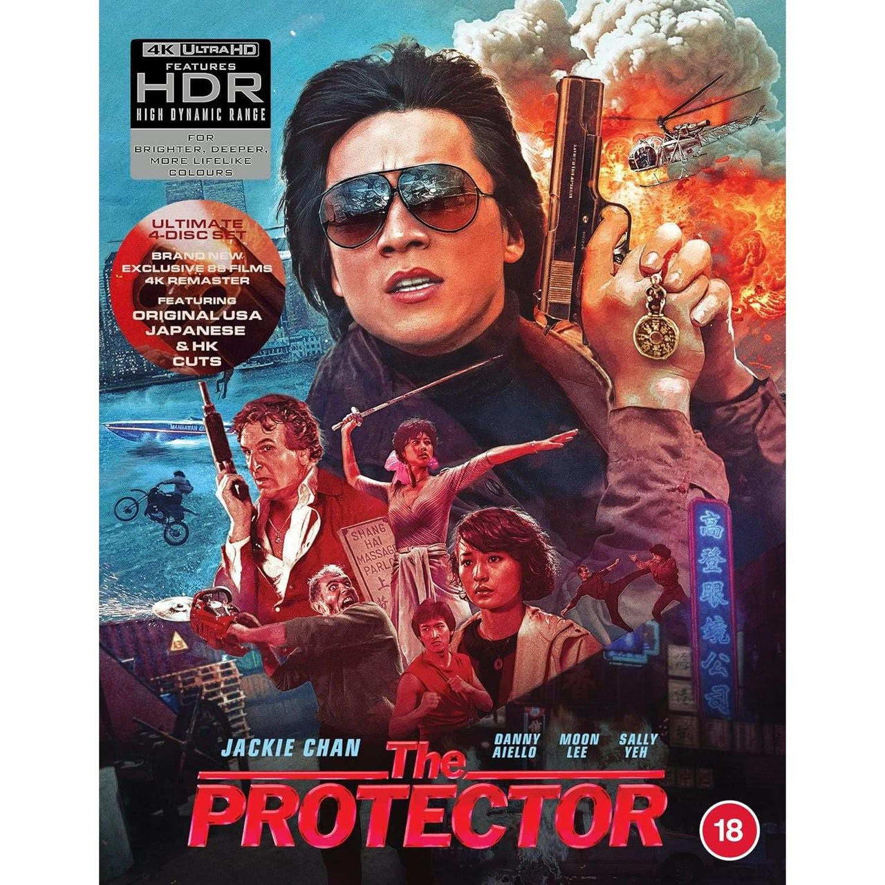 The Protector Deluxe Edition 4K Ultra HD Blu-Ray cover featuring Jackie Chan with action scenes and explosive background