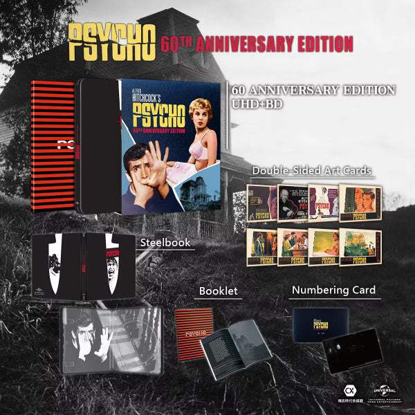 Psycho 60th Anniversary 4K UHD Blu-Ray Limited Edition steelbook with full slip, booklet, art cards, and numbering card