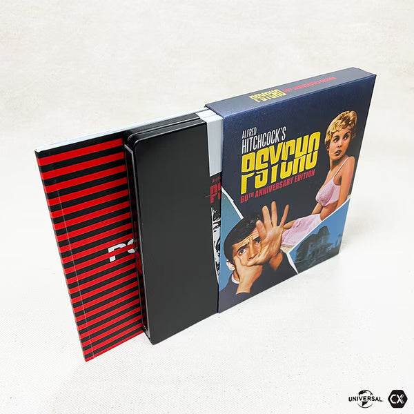 Psycho 60th Anniversary 4K UHD and Blu-Ray limited edition steelbook with full slip, booklet, art cards, and exclusive extras packaging