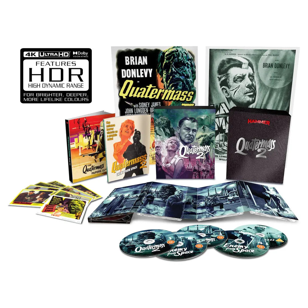 Quatermass 2 Limited Collectors Edition 4K Ultra HD Blu-Ray set with slipcase, featuring discs, booklet, art cards, and slipcover.