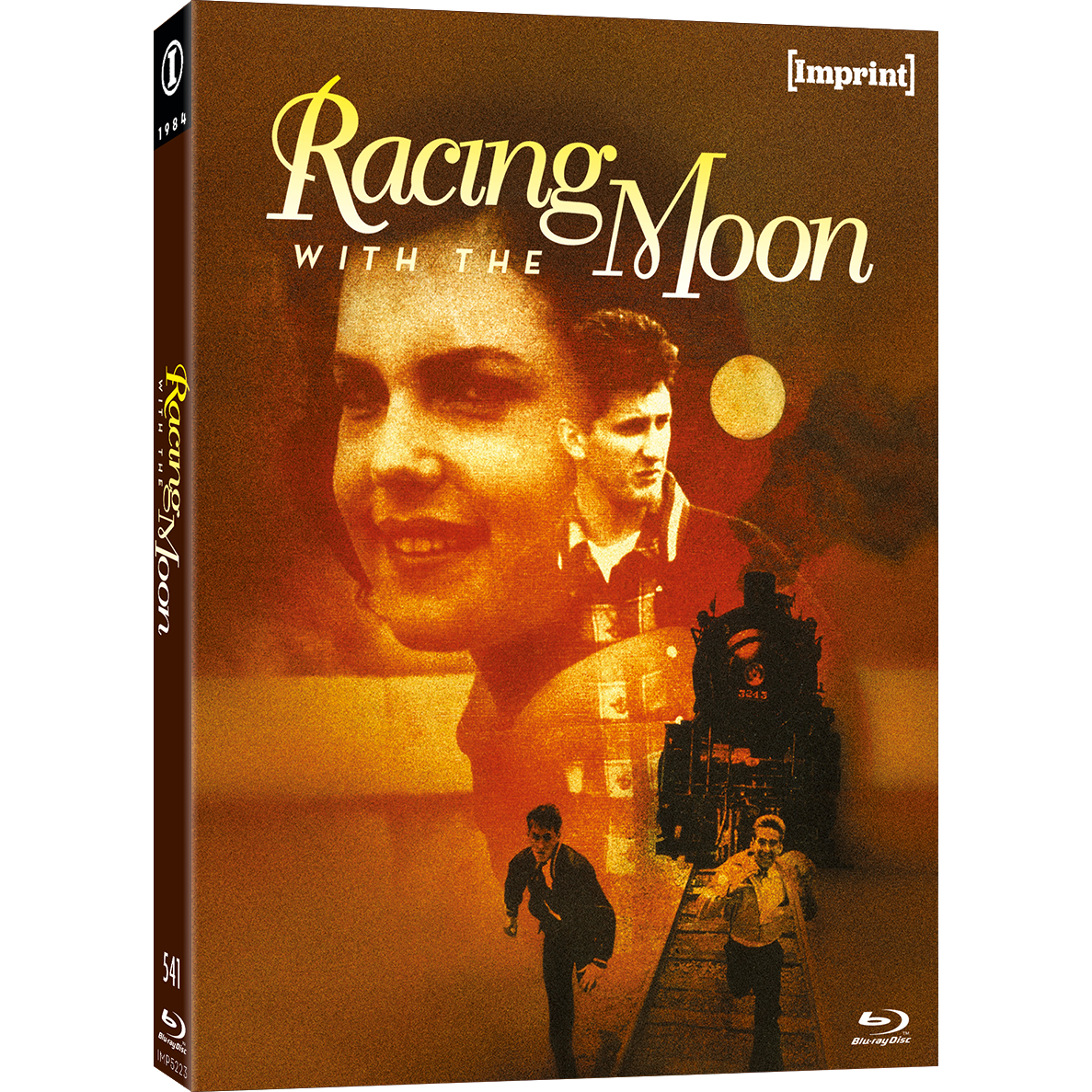 Racing With The Moon 1984 limited edition Blu-ray slipcover cover showing sepia-toned faces, running men, and train track design