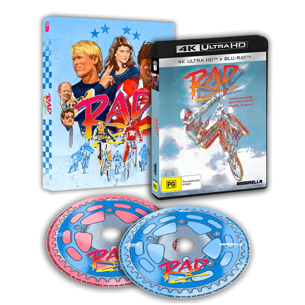 Rad (1986) 4K Blu-Ray pre-order with slipcover from Umbrella Entertainment, featuring exclusive BMX race extras and documentaries.