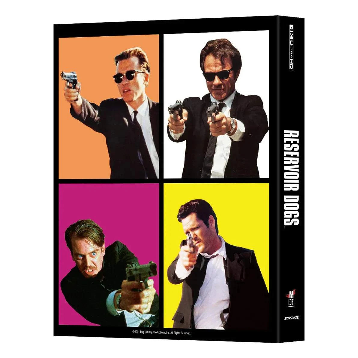 Reservoir Dogs 4K UHD and Blu-Ray steelbook with multicolor lenticular cover featuring four characters holding guns in separate panels.