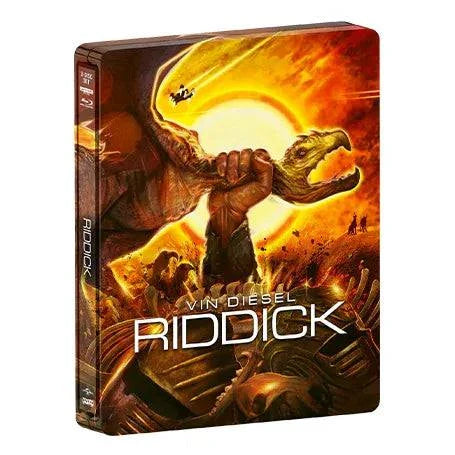 Limited edition Riddick 4K UHD and Blu-Ray steelbook with vibrant sci-fi cover art