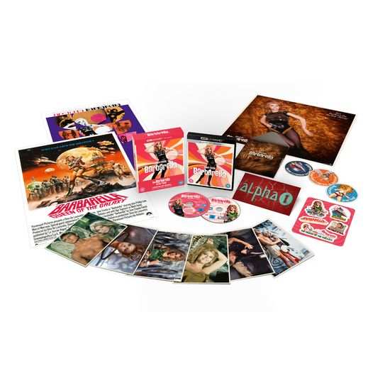 Pre-order Barbarella Queen Of The Galaxy Limited Collectors Edition 4K Ultra HD and Blu-Ray set with slipcase, posters, stickers, coasters, and art cards
