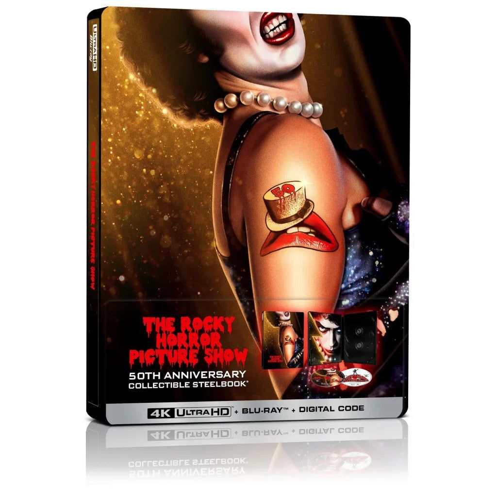 The Rocky Horror Picture Show 50th Anniversary Edition Steelbook 4K UHD Blu-Ray case with iconic lips tattoo artwork and collectible packaging
