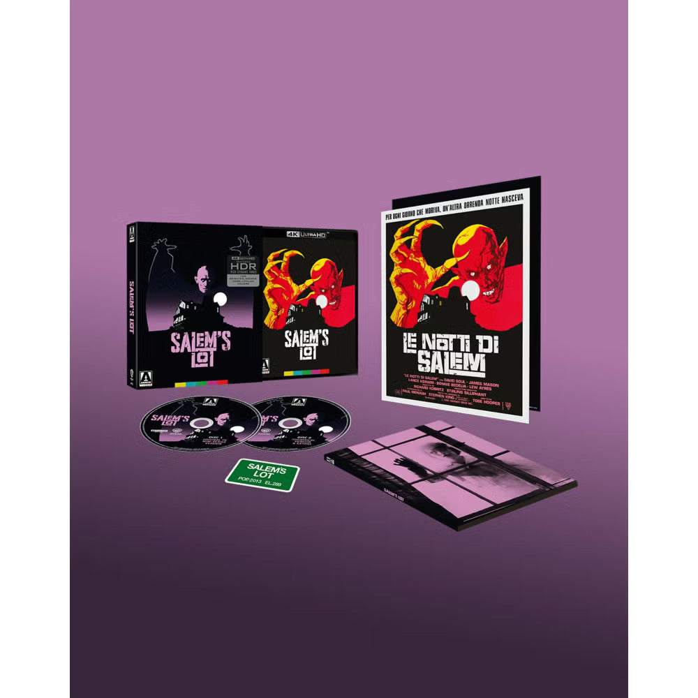 Salem's Lot 4K UHD limited edition set with discs, booklet, sticker, and foldout poster on purple background