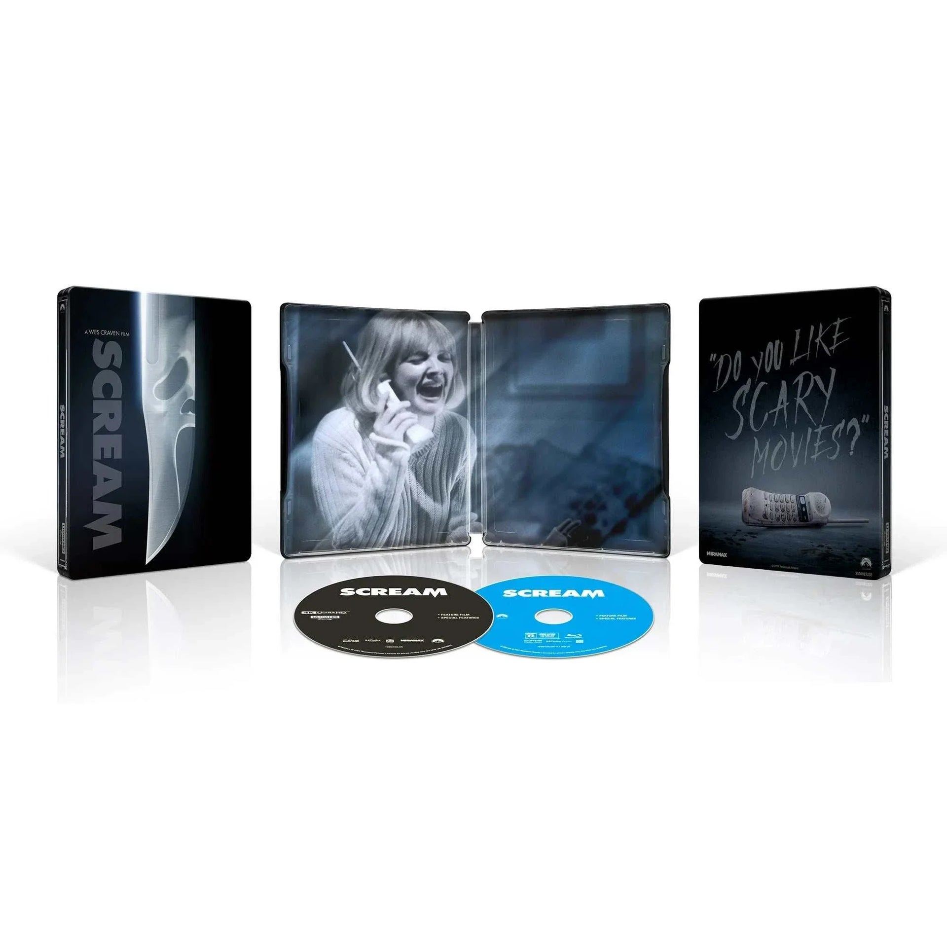 Scream 1996 limited edition 4K UHD and Blu-Ray steelbook with exclusive horror movie artwork and bonus content discs