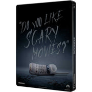 Scream 1996 limited edition 4K UHD Blu-Ray steelbook with "Do you like scary movies?" cover and vintage phone image
