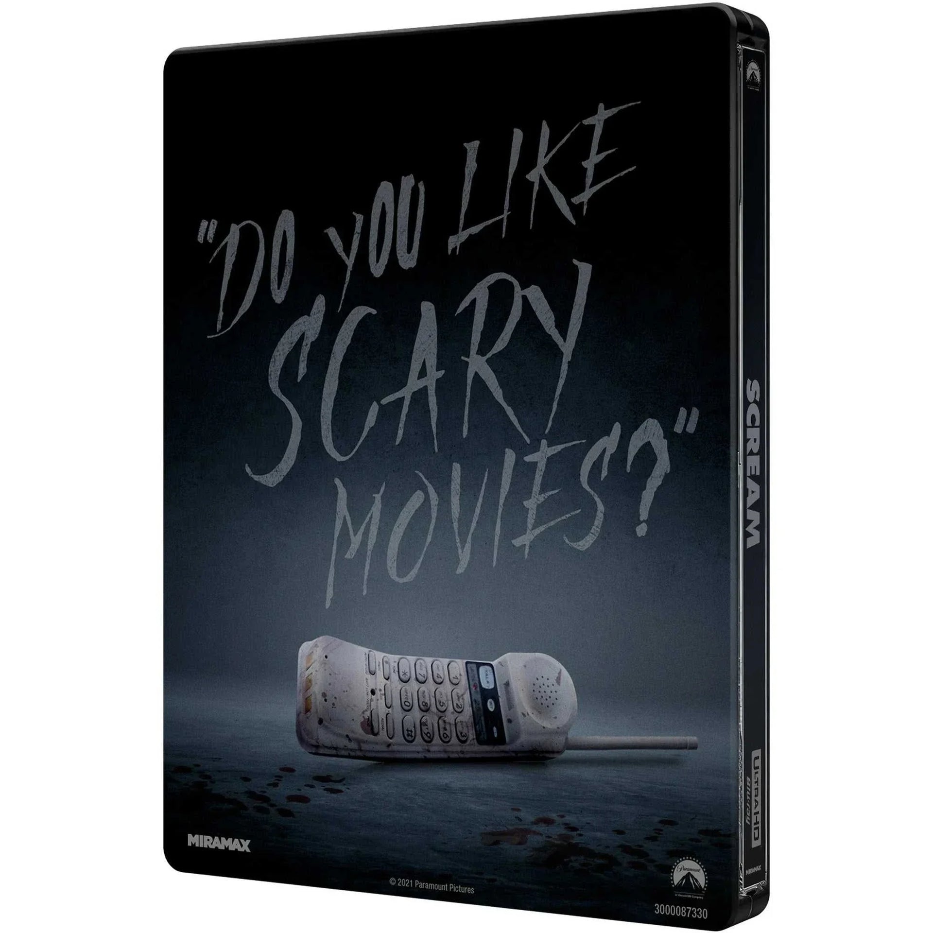Scream 1996 limited edition 4K UHD Blu-Ray steelbook with "Do you like scary movies?" cover and vintage phone image