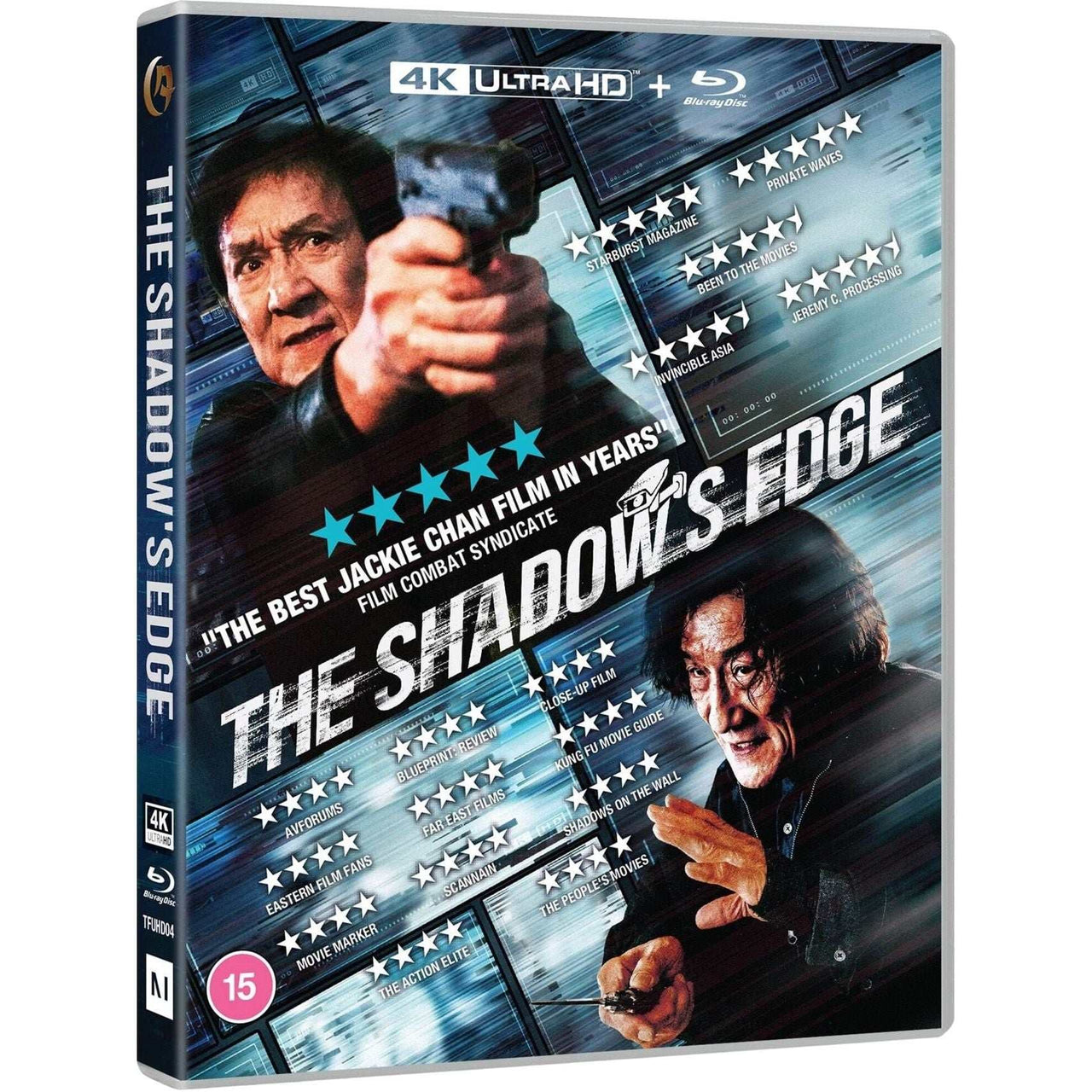 The Shadow's Edge 4K UHD + Blu-Ray movie cover featuring Jackie Chan with action scenes and review ratings