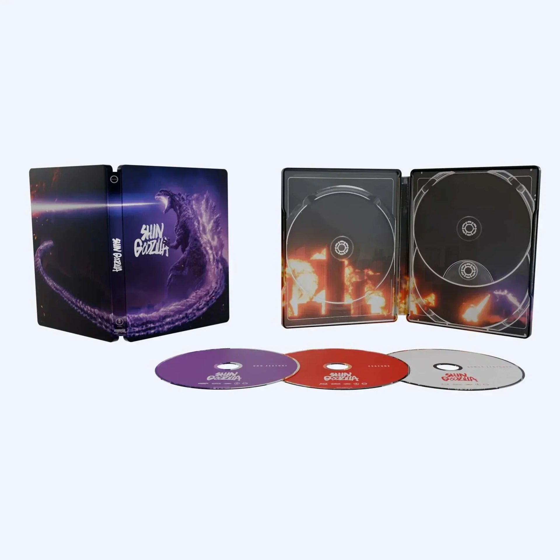 Shin Godzilla 4K UHD limited edition steelbook with 3 discs and bonus features displayed