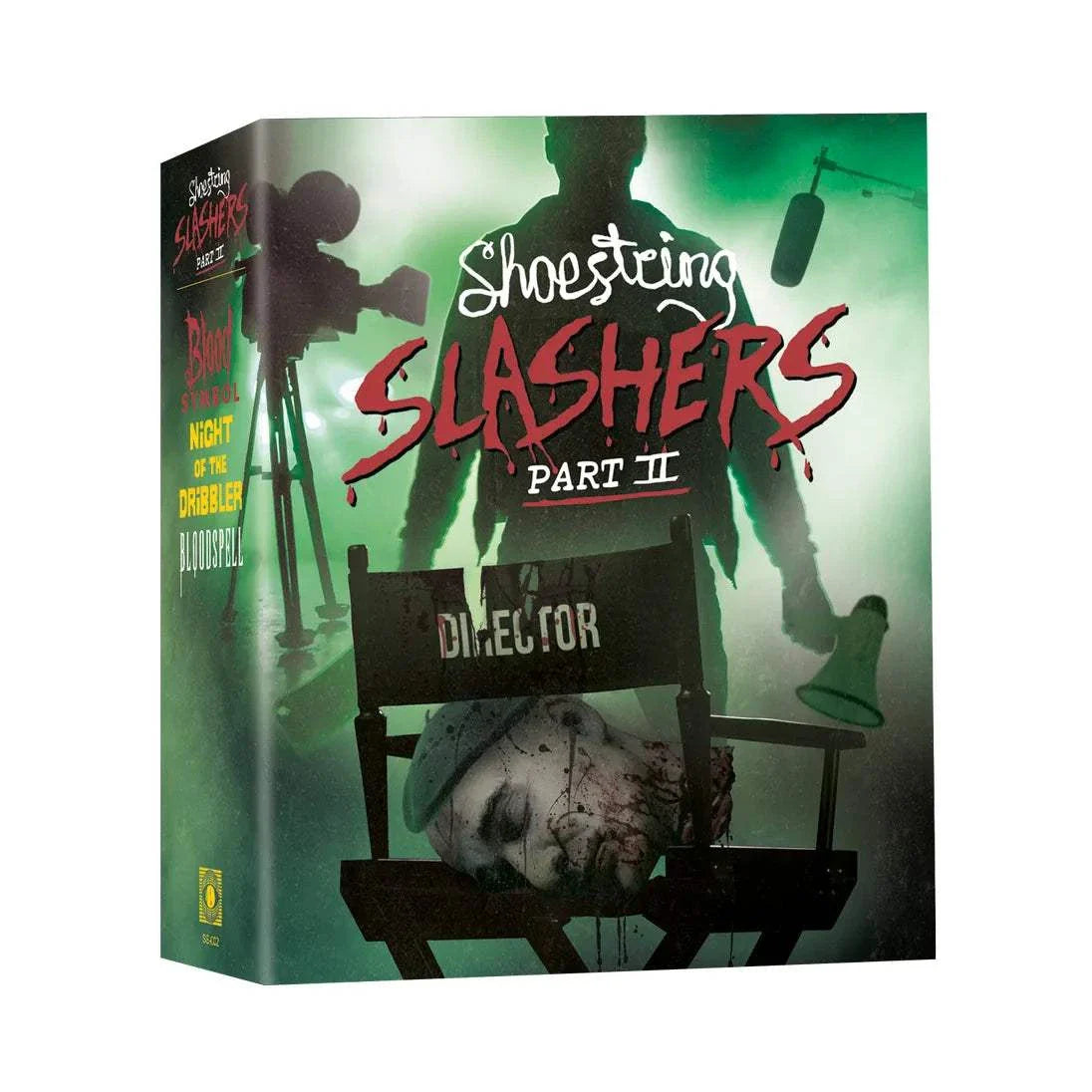 Shoestring Slashers Part II 3-disc Blu-ray box set featuring Bloodspell, Night of the Dribbler, and Blood Symbol horror films with special features and restored transfers