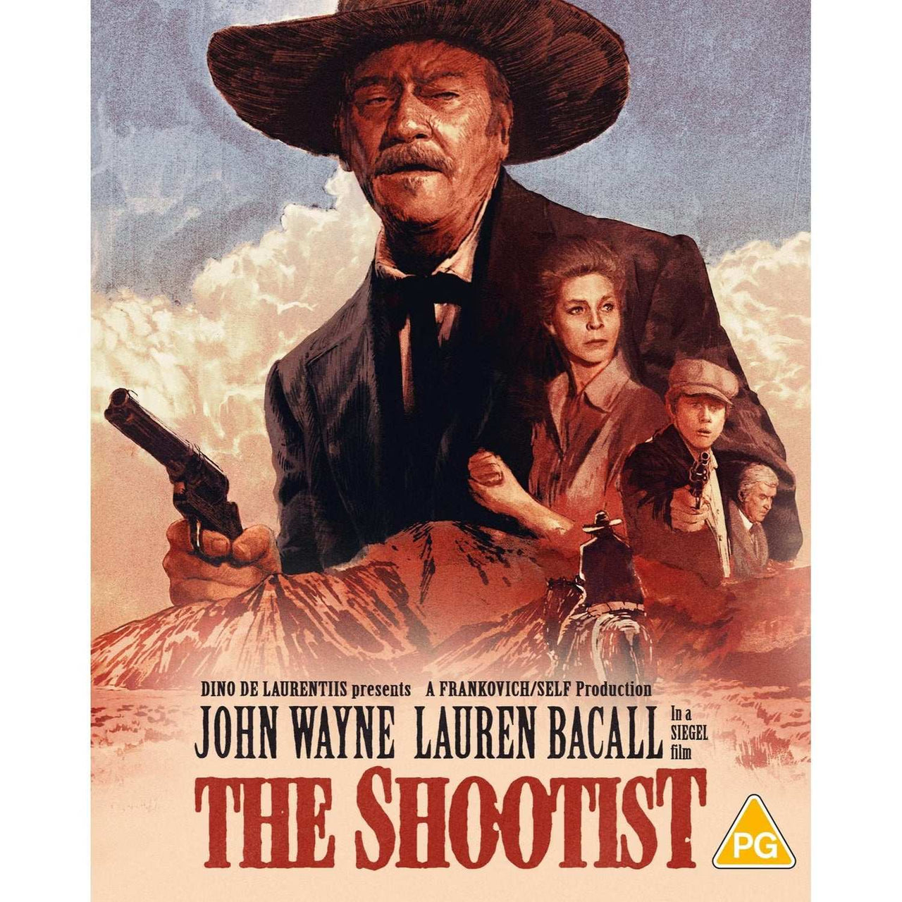 The Shootist Limited Edition Blu-ray cover featuring John Wayne in a Western scene with Lauren Bacall and others, Region B, with slipcover and booklet.