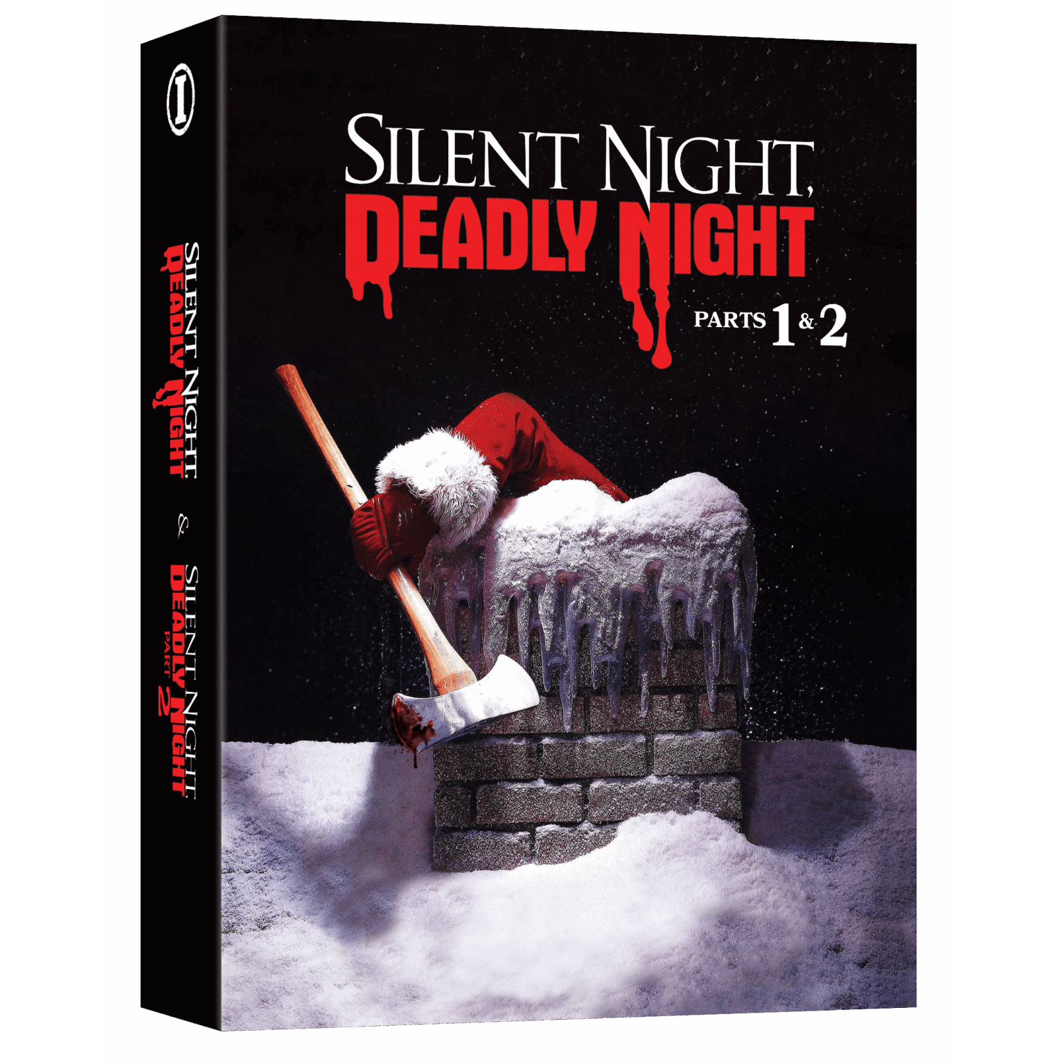 Silent Night, Deadly Night Parts 1 & 2 limited edition 4K UHD Blu-ray VHS collector's box with snowy chimney and Santa hat with bloody axe on cover