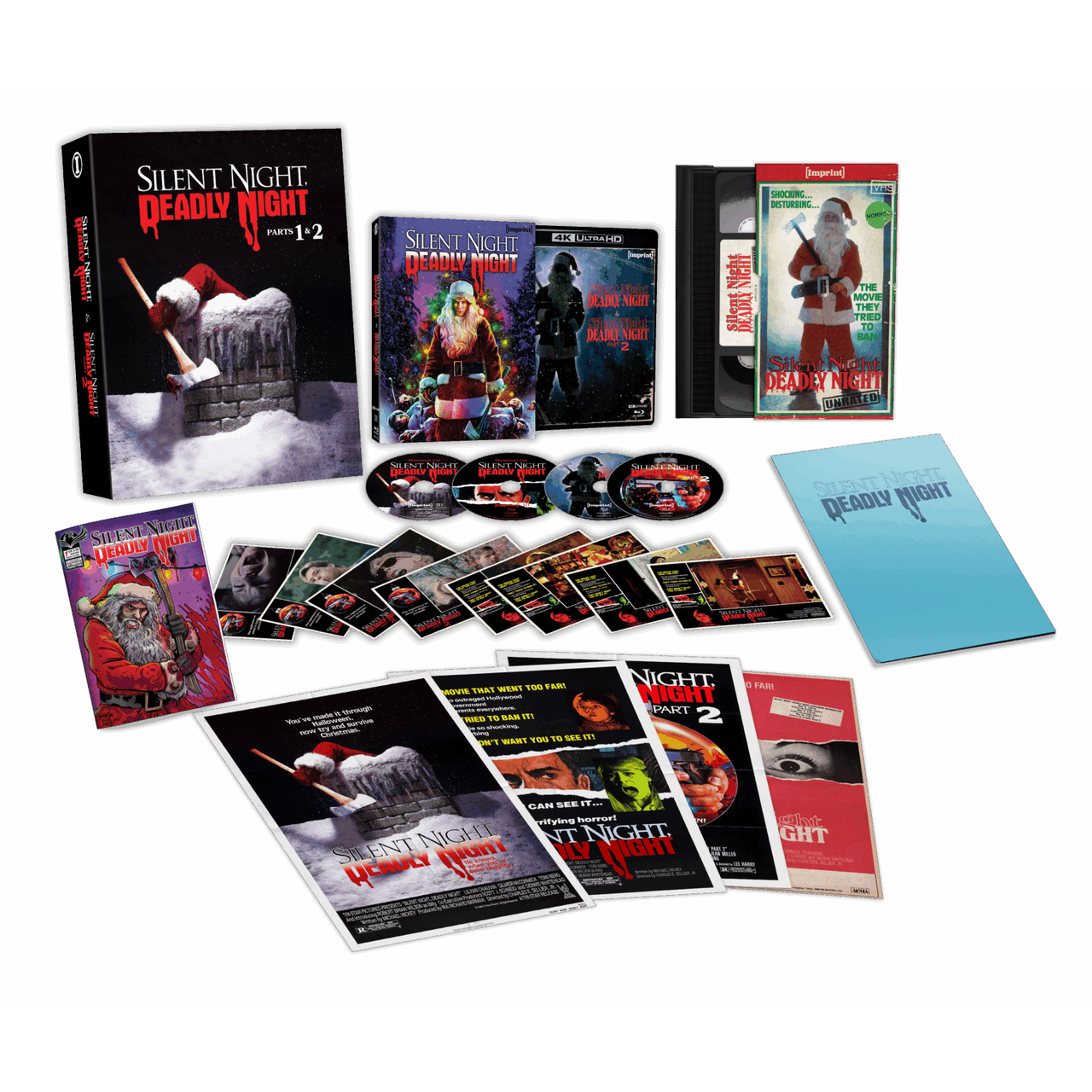 Silent Night Deadly Night Parts 1 and 2 limited edition 4K UHD, Blu-ray, VHS collector's set with posters and memorabilia