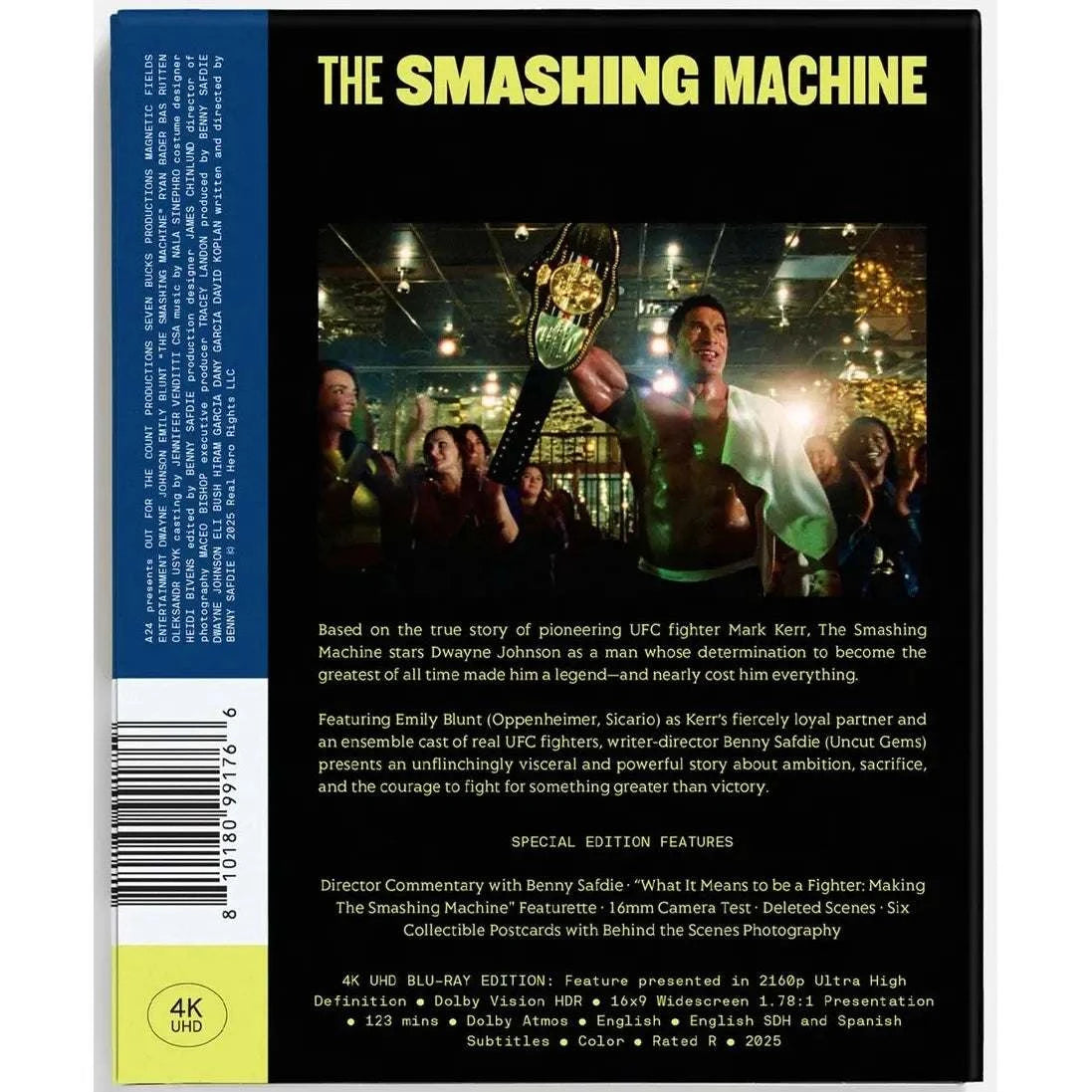 The Smashing Machine 4K UHD pre-order cover showing UFC fighter Mark Kerr holding a championship belt with special edition features and technical specs.