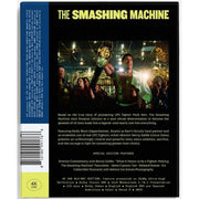 The Smashing Machine 4K UHD pre-order cover showing UFC fighter Mark Kerr holding a championship belt with special edition features and technical specs.