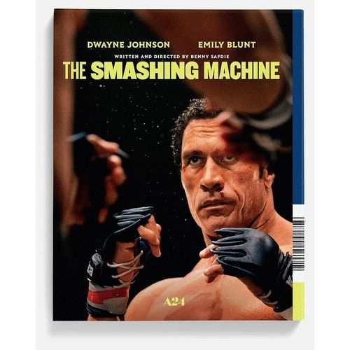 The Smashing Machine 4K UHD movie cover featuring Dwayne Johnson in a fighting pose with title and credits.
