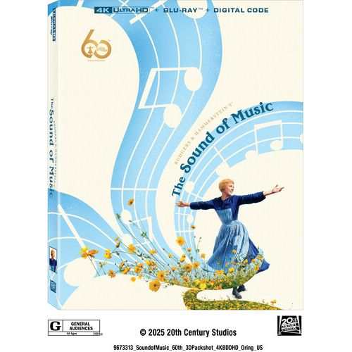 The Sound of Music 60th Anniversary Edition 4K UHD and Blu-ray slipcover with bonus cards cover art with Maria dancing and musical notes background