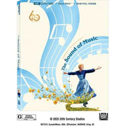 The Sound of Music 60th Anniversary Edition 4K UHD and Blu-ray with slipcover and collectible cards featuring restored classic film artwork and musical notes design.