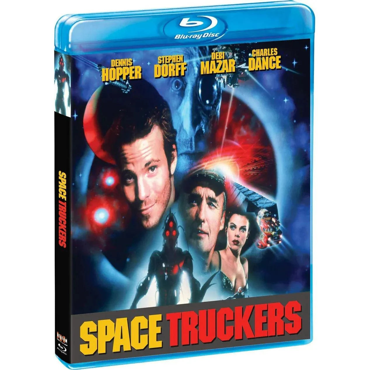 Space Truckers Blu-Ray pre-order cover featuring sci-fi cargo hauler John Canyon and space adventure elements