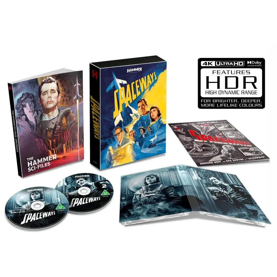 Spaceways Limited Collectors Edition 4K Ultra HD Blu-Ray set with rigid slipcase, booklet, and sci-fi noir film packaging by Hammer Films